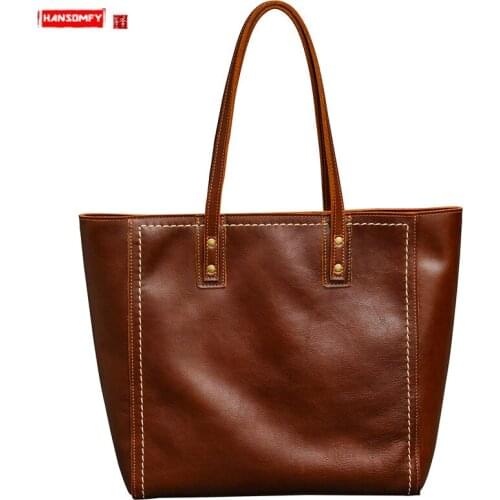Cowhide horizontal Men tote bag retro genuine leather handbags female large capacity shoulder bag male computer bags