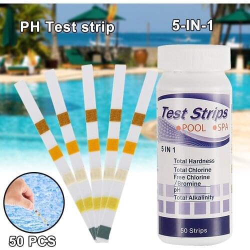 50 pcs/bottle 5 In 1 Multi-functional Acid Water Hardness Swimming Pool Spa Chlorine Test Strip Alkalinity PH Cyanuric Bromine