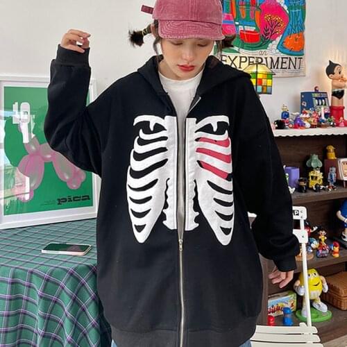 Autumn Winter Womens Jacket Full Zipper Hoodies Loose Long Sleeve Heart Skeleton Print Loose Hooded Sweatshirts Streetwear Y2k