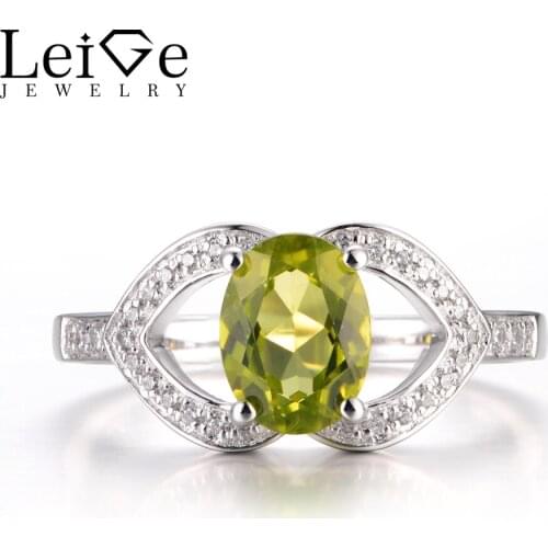 LeiGe Jewelry Natural Peridot Promise Rings August Birthstone Oval Cut Green Gemstone Rings 925 Sterling Silver Vintage Rings