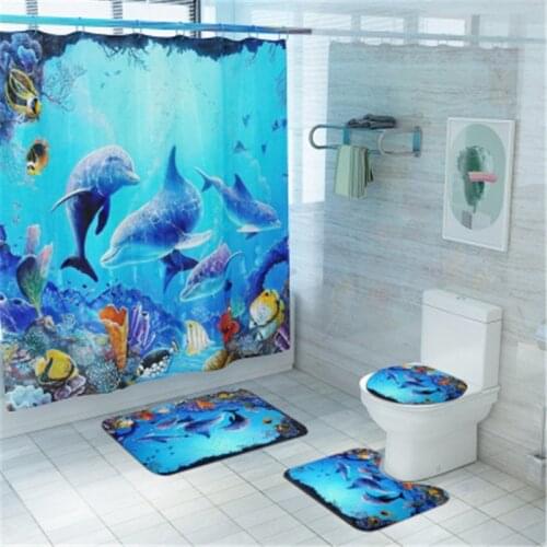 Bathroom Mat Set Non-slip Dolphin Fish Bath Mat Coral Fleece Shower Curtain Floor Mat Washable Bathroom Toilet Rug