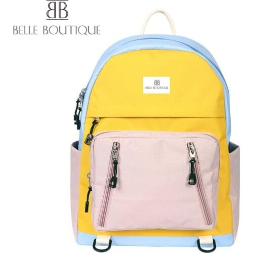 BelleBoutique Yellow Backpack For School Girls Panelled Color Fashion Waterproof 500D Oxford Student Schoolbag Korean Style