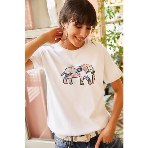 Womens White Elephant Embroidered Tshirt Casual Fashion Items Street Sports Style Wear Spring Summer Dress New Year Combine