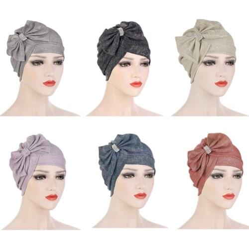 Women Muslim Hijab Turban Hat Cross Front Forehead Rhinestone Big Bow Bonnet Head Scarf Islamic Ruched Headwrap