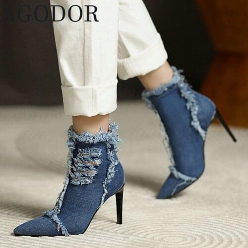 AGODOR Stiletto Ankle Boots Denim Blue for Women Booties Pointed Toe Thin High Heel Winter Shoes Sexy Boots Plush Size 34-45