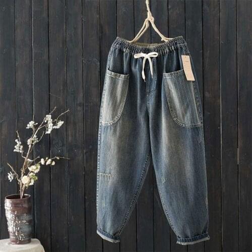 New Arrival Spring Autumn Arts Style Women Elastic Waist Loose Casual Denim Harem Pants Stripe Big Pocket Vintage Jeans M334