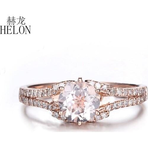 HELON Solid 14k Rose Gold Round 6.5mm Genuine Morganite Diamonds Engagement Ring Women Diamonds Wedding Party Fine Jewelry Gift