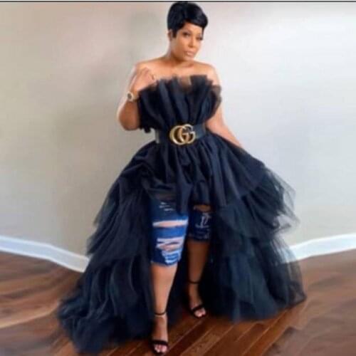 Fluffy Tulle Women Dresses Hi Low Black Floor Length Special Occasion Formal Event Dress Ruffled Tiered