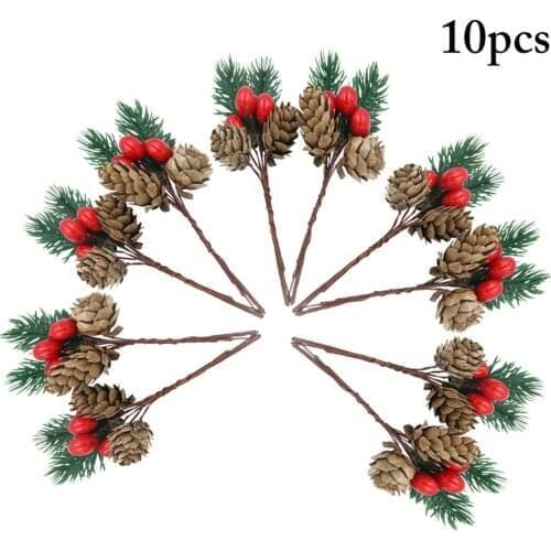 10pcs Christmas Pine Pick Berry Bell Pinecone Faux Pine Needle Branch Pine Twig Artificial Xmas Tree Garden Party Decorations