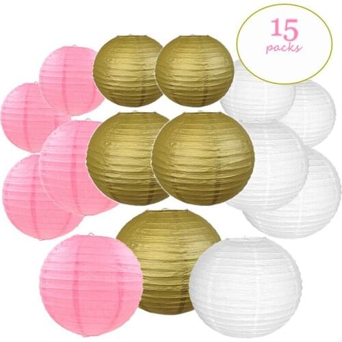 15 Pcs/set 8"-12" White Pink Gold Chinese Paper lampion Lantern Assorted Sizes Round Wabenball Wedding Party Hanging Decor Favor