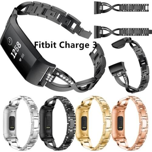 20pcs Metal Watch Band for Fitbit Charge 3 Replacement Stainless Steel Wrist Strap Bling Rhinestone Bracelet for Fitbit Charge 3