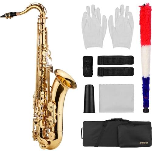 Ammoon Bb Tenor Saxophone Sax Brass Body Gold Lacquered Surface Woodwind Instrument with Carry Case and saxophone accessories