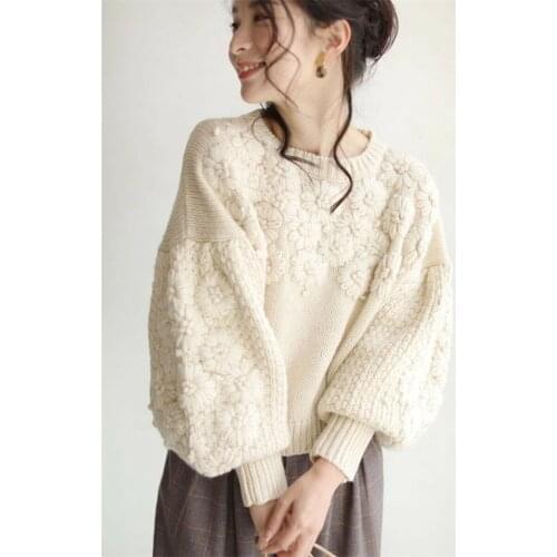 White Elegant Jacquard Knitting Pullover Lantern Long Sleeve Crop Top Loose O-Neck Pullover Retro Warm Blouse cropped sweater