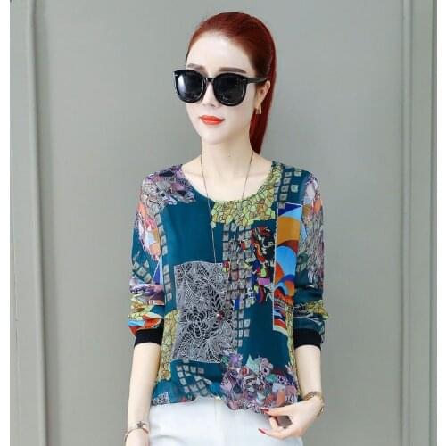 Fashion Flower Print Women Blouses Summer New Flare Long Sleeve Chiffon Blouse Tunic Top Female Casual Ladies Shirts DD2595