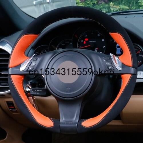 Black Suede Orange Leather Car Steering Wheel Covers For Porsche Cayenne Panamera 2010 2011 Car Accessories