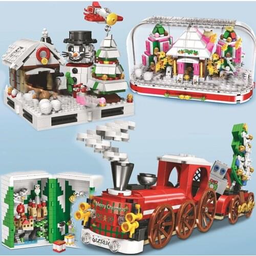 Creative Christmas train tree snowman store sets model building blocks Santa Claus Girls Friends gift bricks kids children toys