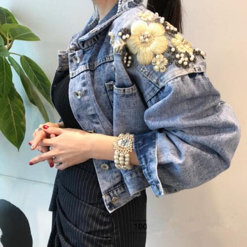 Denim Cotton Jacket Fashionable Beads Embroidery Korean-style Loose-Fit Elegant Short Jacket Womens UT217