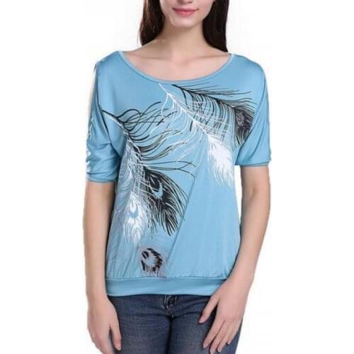 Singwing Feather Printed T-shirts Summer Women O- neck Loose Type Shirts Casual Off Shoulder Short-sleeved T-shirt Female