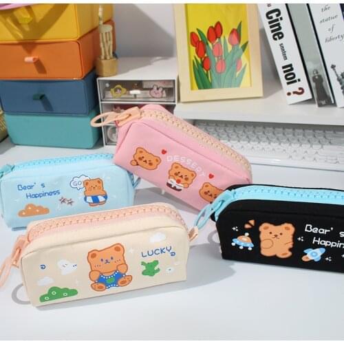 Mengtai Cute Cartoon bear pencil Case Canvas Big zipper Student Pen Holder Supplies Pencil Bag School Box Pouch Stationery