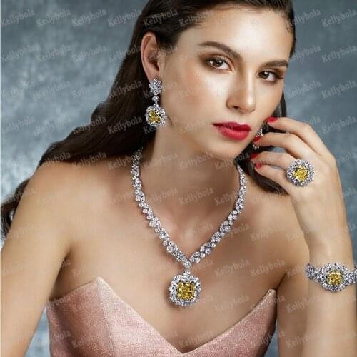 KellyBola Jewelry Luxury Geometric Zircon Pendant Necklace Bracelet Earring Earring 4PCS Female Wedding Performance High Quality