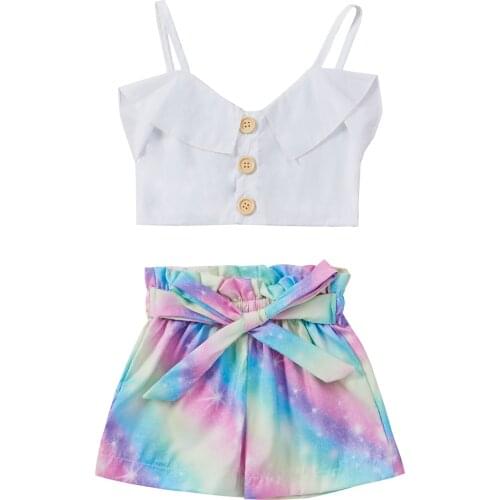 New 2Pcs Kids Summer Tracksuit, Solid Color Button-Open Flounce Tank Tops + Starry Shorts for Girls, 6 Months to 4 Years