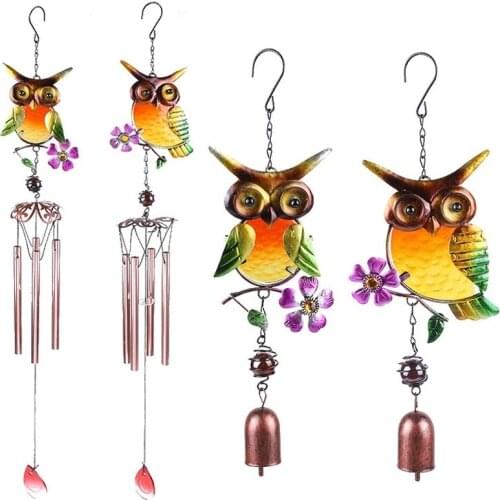 European style metal owl wind chime ornaments creative glass painted bells outdoor garden balcony pendant decoration