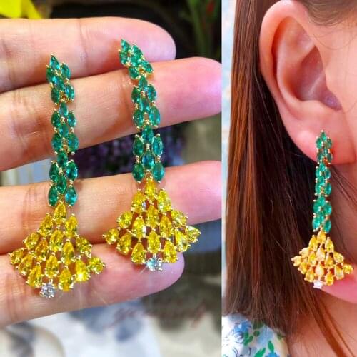 Missvikki Luxury Austrian crystal Yellow Pink Dangle Pendant Earrings For Women Wedding Bridal Earrings Jewelry High Quality