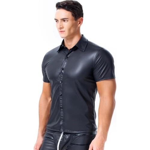 Men PU Leather T Shirts Men Sexy Gay Fitness Tops Tees Mens Turn Down Collar Motorcycle Top Tee T Shirt Sexy Men Clubwear