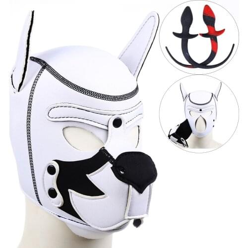 Soft Padded Neoprene Foxhound Hood Mask BDSM Slave Full Head Bondage Hood Party Mask Long Tail Plug Dog Cosplay Adult Sex Toys
