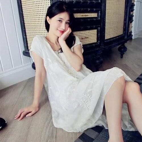 Soft Floral Silk Velvet Embroidered Women‘s Nightgowns Short Sleeve Elegant Female White Color Long Sleepwear Summer Thin Dress