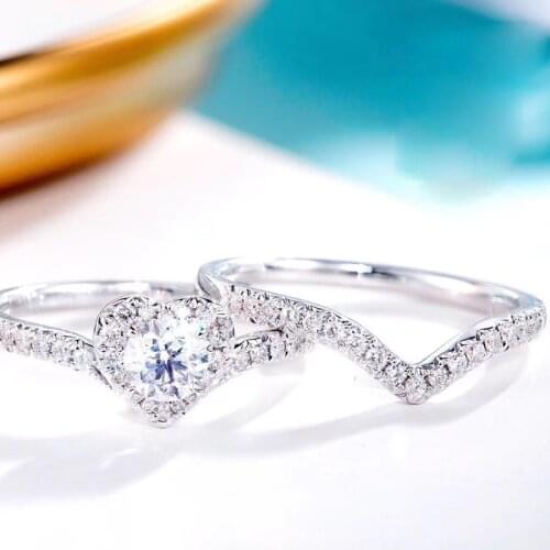 AEAW 18K White Gold Ring Set Round Brilliant Cut 0.42ct 4.5mm Natural Real Diamond Engagement Ring & Wedding Band For Women