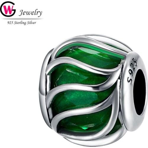GW 925 Pure Silver Charms Trendy Wave Green Lucency Chamilia Beads Charm For Bracelets Diy Jewelry Making