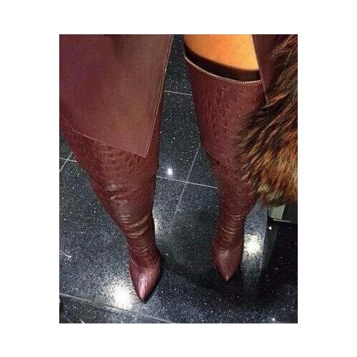Sexy Burgundy Leather Women High Heel Over The Knee Boots Pointed Toe Wide Zipper Calf Winter Long Boots Shoes High Quality Boot