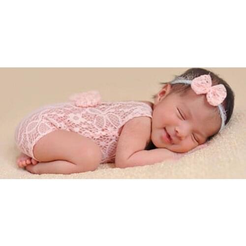 Newborn Infant Baby Bowknot Headband See Through Lace Romper Set Babies Accessories Newborn Photography Props Baby Shower Gifts