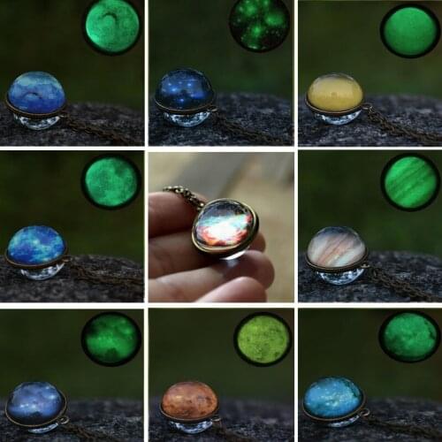 Glow in the Dark Jewelry with Glass Cabochon Galaxy Planet Universe Necklace Double Sided Glass Ball Pendant Solar Necklace