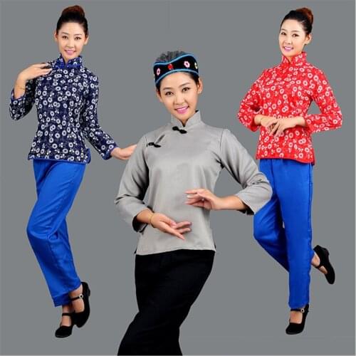 Top+Pants+Apron+Headwear Women Chinese Folk Costume Female A Qing Sao Stage Performance Clothing Chinese National Clothes 18
