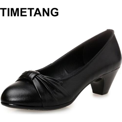 TIMETANG New Cowhide Womens High Heels Pumps Thick Heel Round Toe Genuine Leather Black Shoes for office lady Women Plus size
