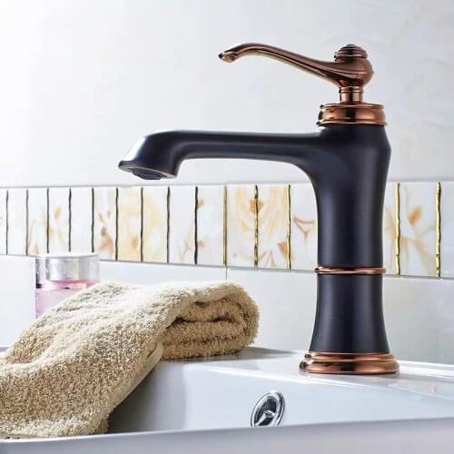 WZLY Bathroom Faucets Rose Gold Brass Deck Mounted Round Mouth Black Basin Faucet Cold Hot Water Crane Sink Mixer Taps Torneira