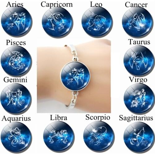 12 Zodiac Sign Bracelet Chain Glass Cabochon Chain Bangle Pisces Aries Taurus Gemini Constellation Jewelry Women Birthday Gift