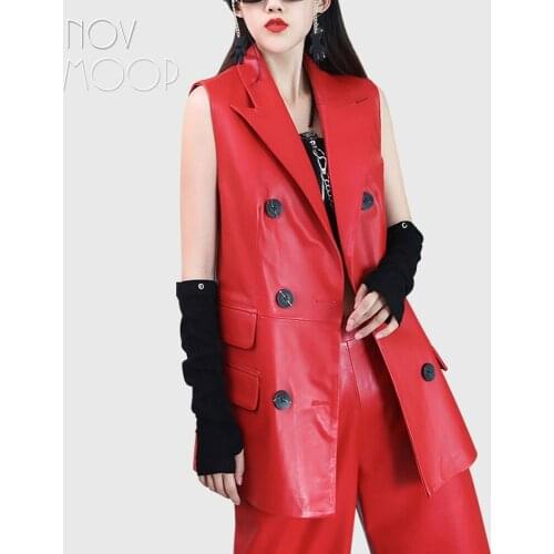 Novmoop solid color sheepskin genuine leather women long vest with buckled split back LT3301