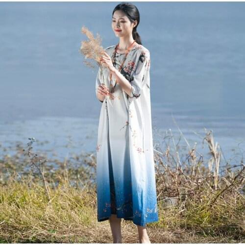 Women Cotton Linen Retro Printed Floral Dress Ladies Half Sleeve Patchwork Dresses Female 2020 Spring Summer Dress