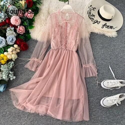 YoungGee Pink Lace Floral Party Dress Women Elegant Floral Black Dress Spring Autumn Winter Bow Collar Mesh Midi Dresses Vestido