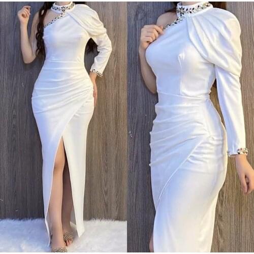 Elegant Mermaid One Shoulder Pleated Evening Dresses with Slit Long Zipper Back Beaded Abendkleider Robes de Soirée for Women