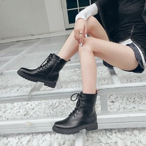 SAMSACQ Winter High Boots Motorcycle Boots Square Toe Female Lace Up Side Zip Platforms Black Leather Shoes Woman Botas Mujer