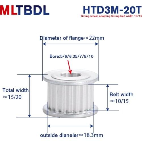 3M 20T Timing Pulley 5/6/6.35/7/8/10mm Bore Gear Pulley 3mm Pitch 11mm Belt Width Aluminum Alloy Synchronous Timing Belt Pulleys