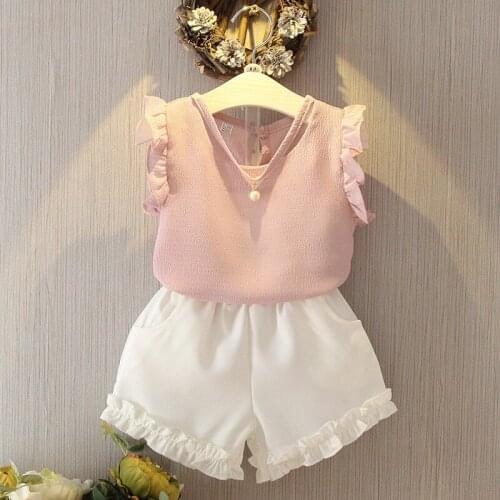 2017 summer Korean baby girls clothing set children pearl shirt+chiffon shorts suit 2pcs kids butterfly sleeve clothes set suit