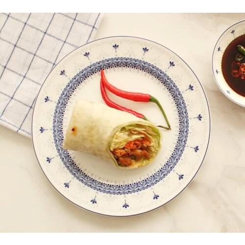 7 Inch Blue Floral Printed In-glazed Decoration Round Dishes & Plates Bone China Cutlery Plate Kitchen Steak Dish Bowl Tableware