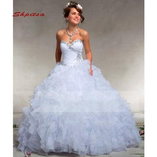 White Elegant Puffy Quinceanera Dresses Sweet 16 Princess Organza Beaded Ball Gown Women Corset Long Prom Dresses for 15 Years
