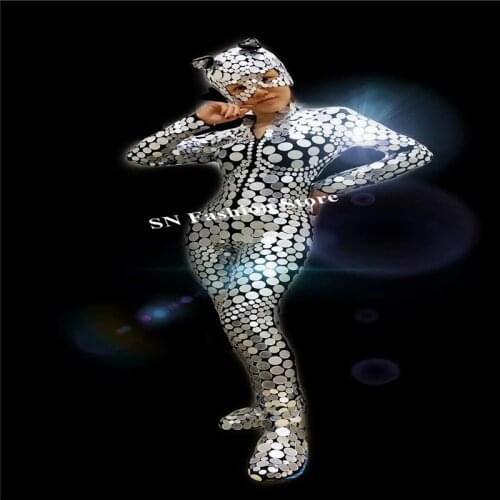 Q21 Sexy female silver mirror bodysuit dance costumes mirror glass jumpsuit dj cat mask catwalk perform outfit women dress party