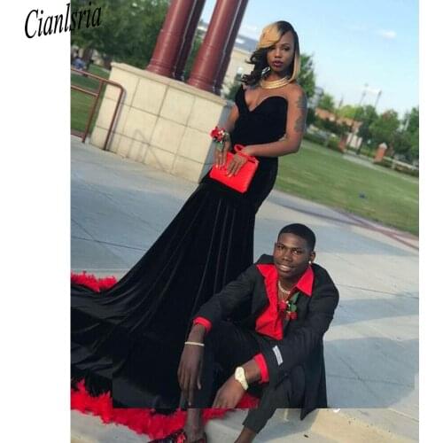 Black Red Contrast Mens Suits And Feathers Mermaid Women Prom Dress Men Business Pants Suit Wedding Tuxedos Couple Party Wear